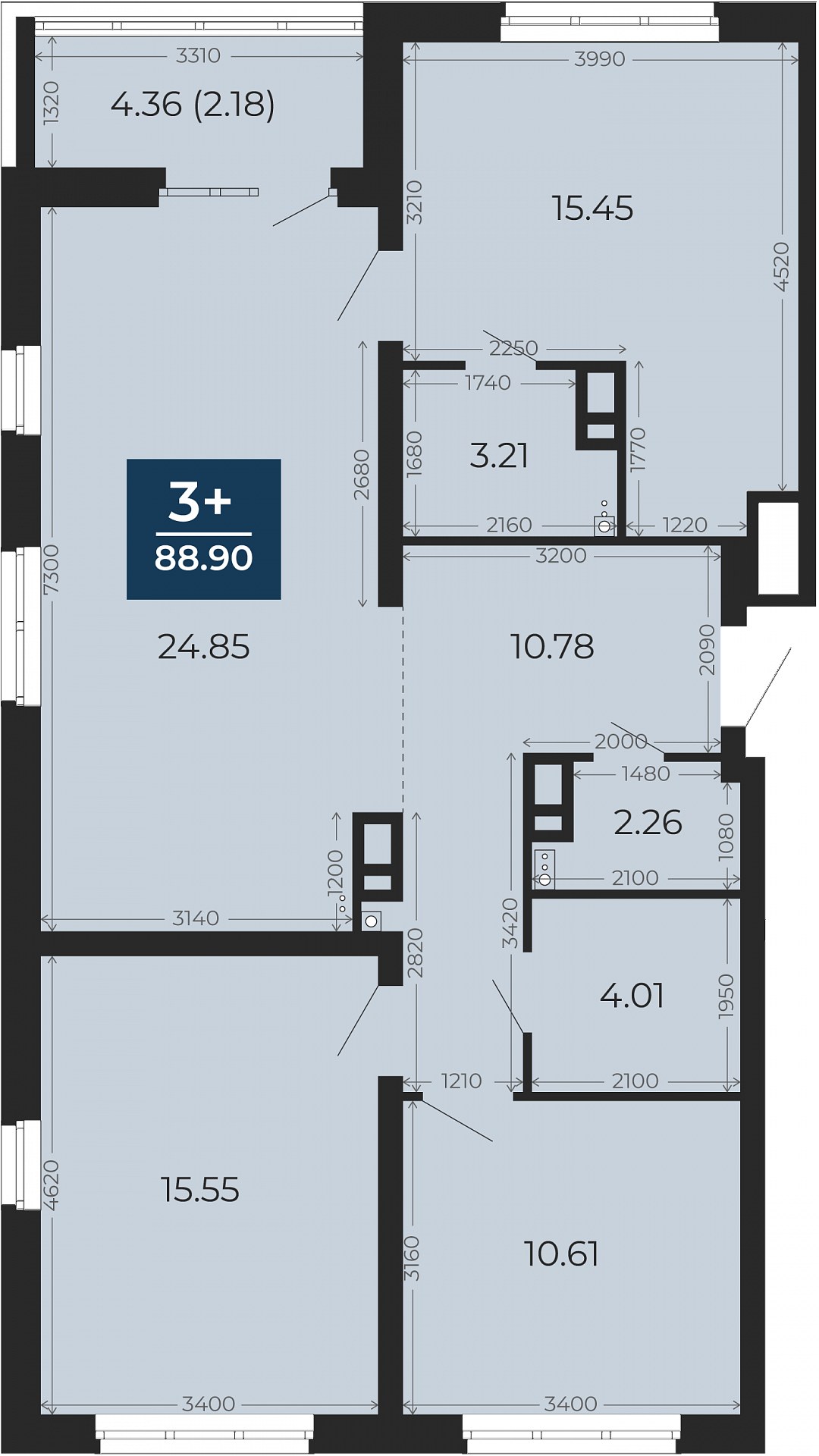 Квартира № 23, 3-комнатная, 88.9 кв. м, 5 этаж