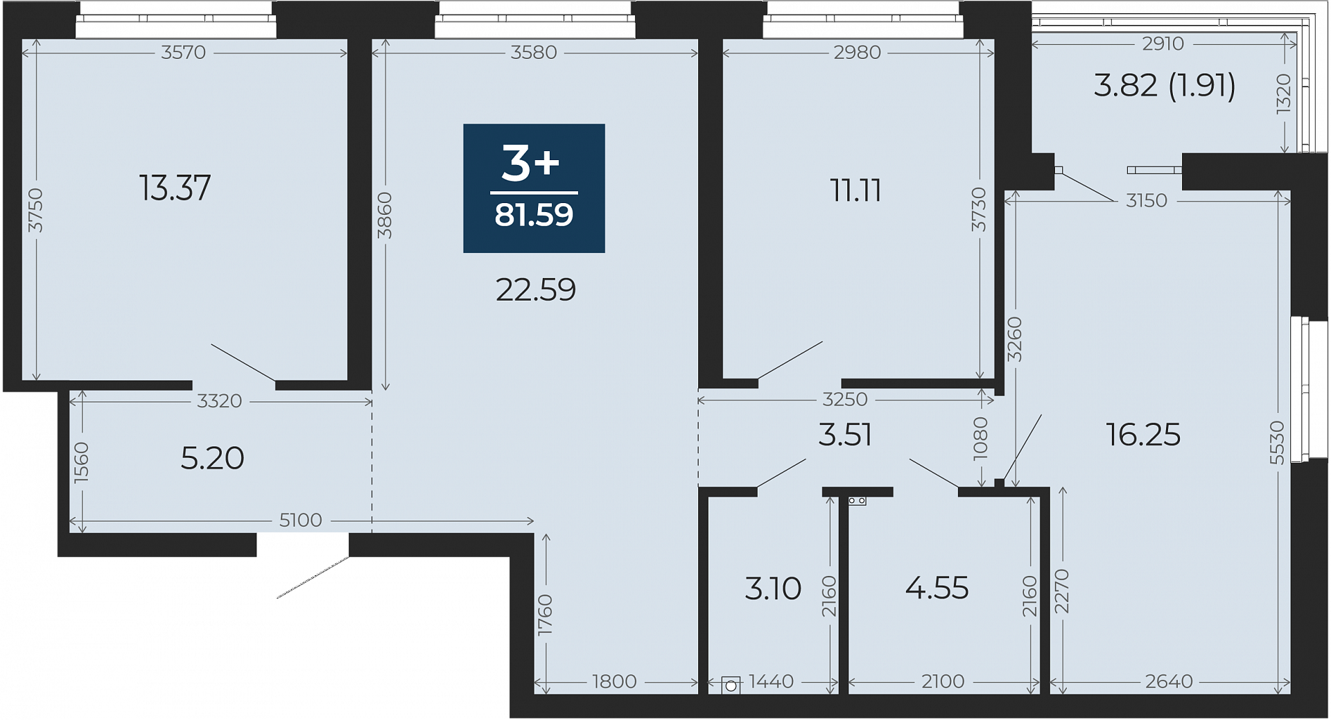Квартира № 349, 3-комнатная, 81.59 кв. м, 2 этаж