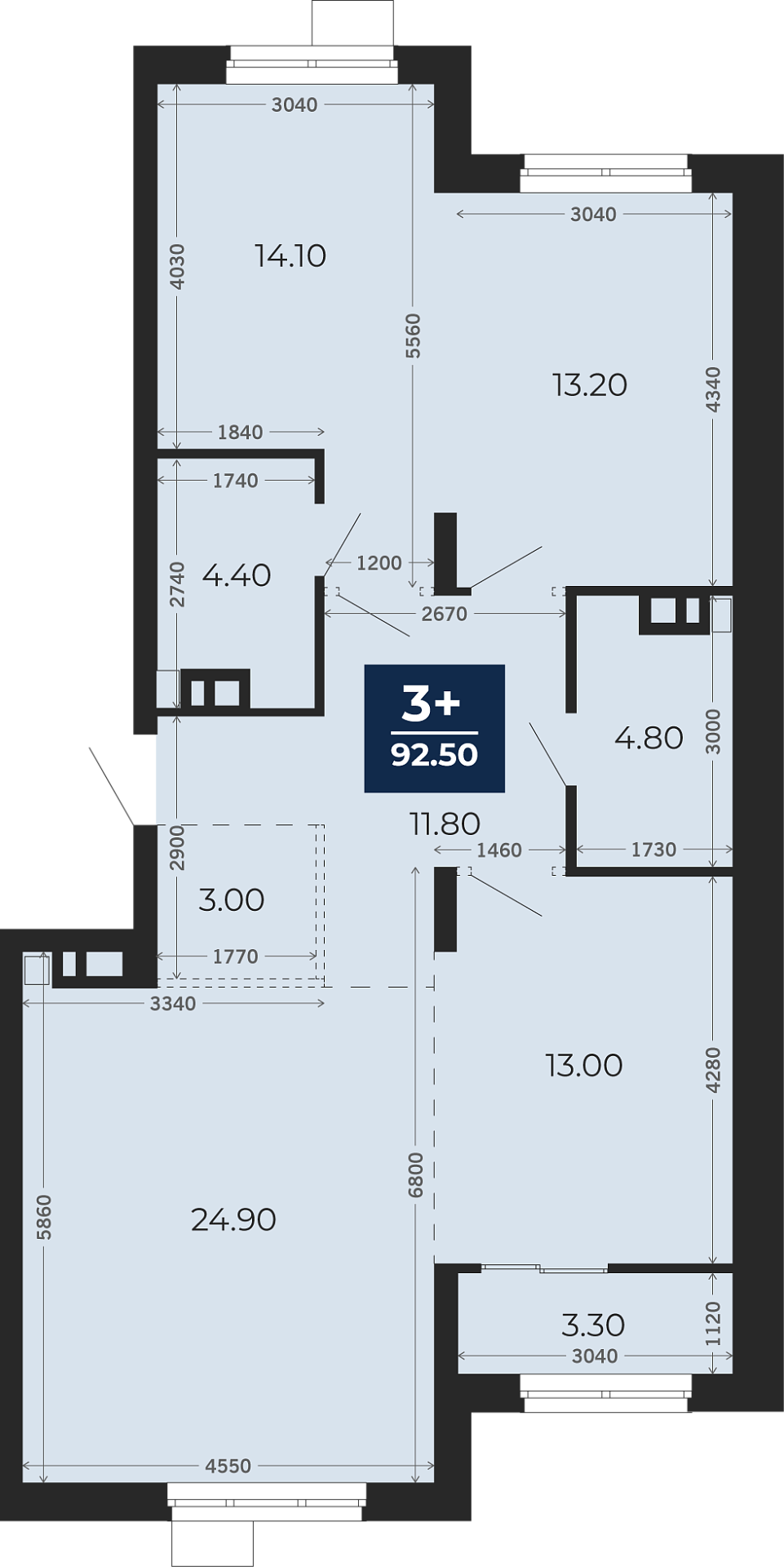 Квартира № 466, 3-комнатная, 92.5 кв. м, 9 этаж