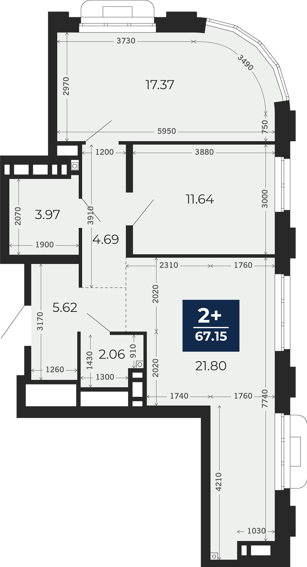 Квартира № 243, 2-комнатная, 67.15 кв. м, 4 этаж