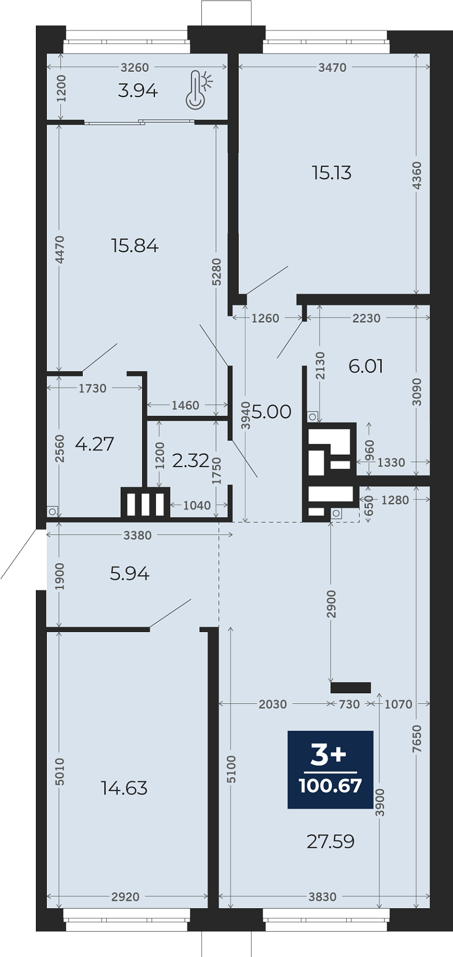 Квартира № 84, 3-комнатная, 100.67 кв. м, 2 этаж