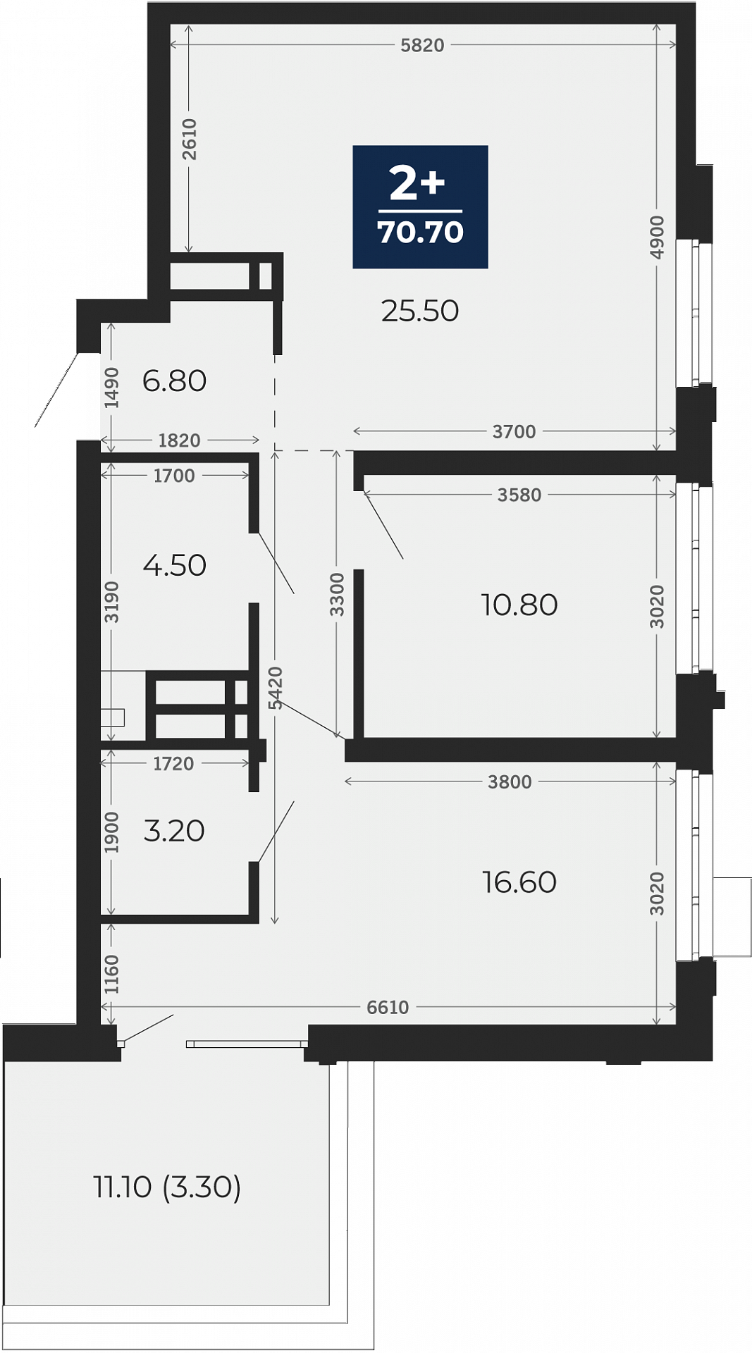 Квартира № 243, 2-комнатная, 70.7 кв. м, 23 этаж