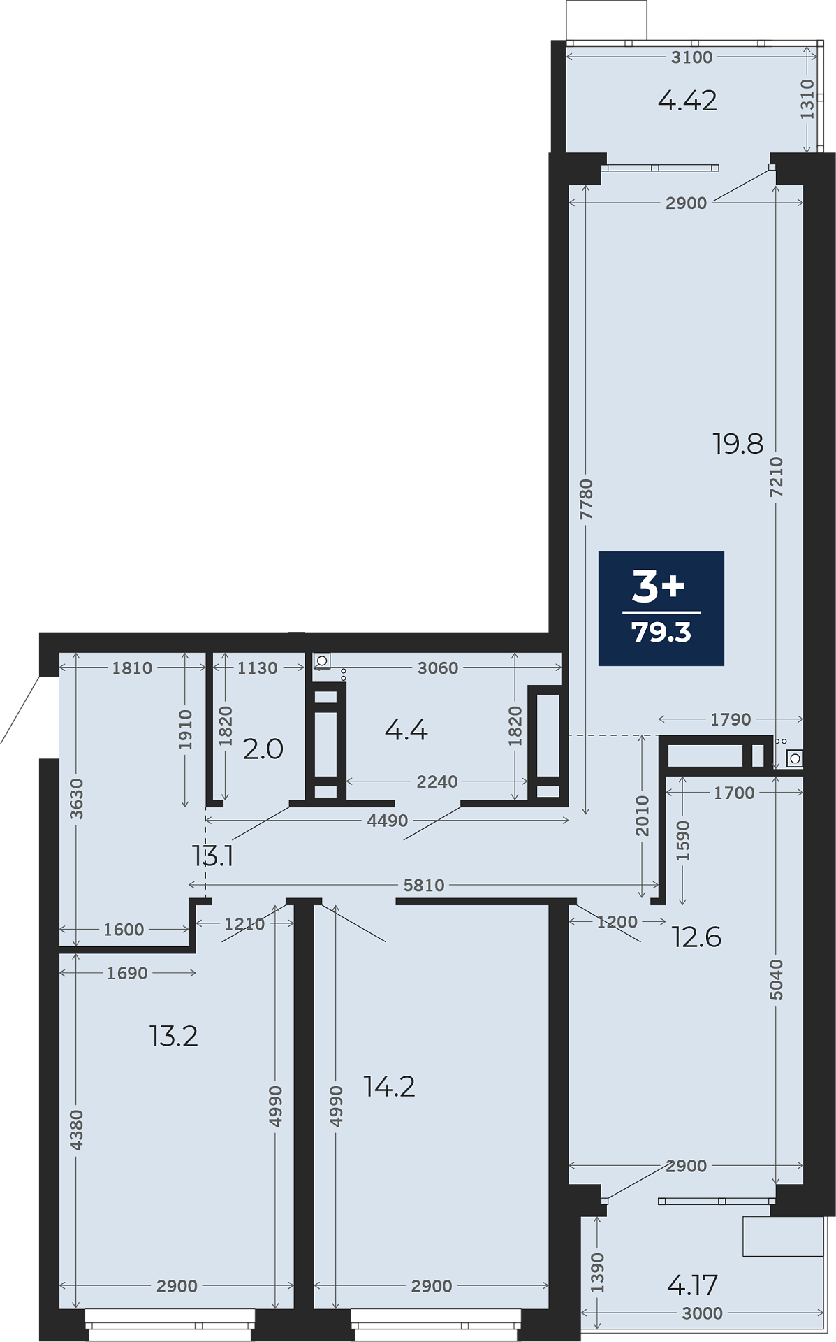 Квартира № 325, 3-комнатная, 89.28 кв. м, 22 этаж