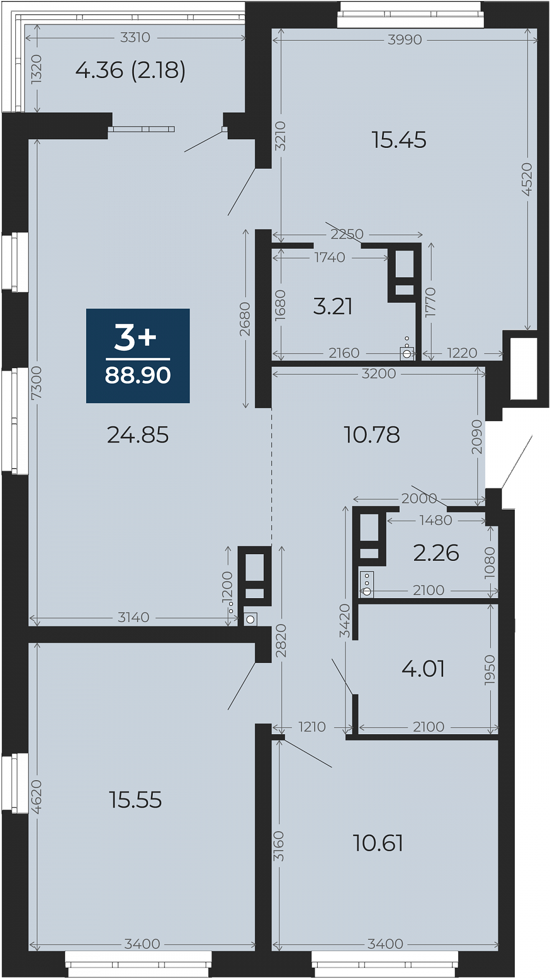 Квартира № 33, 3-комнатная, 88.9 кв. м, 7 этаж