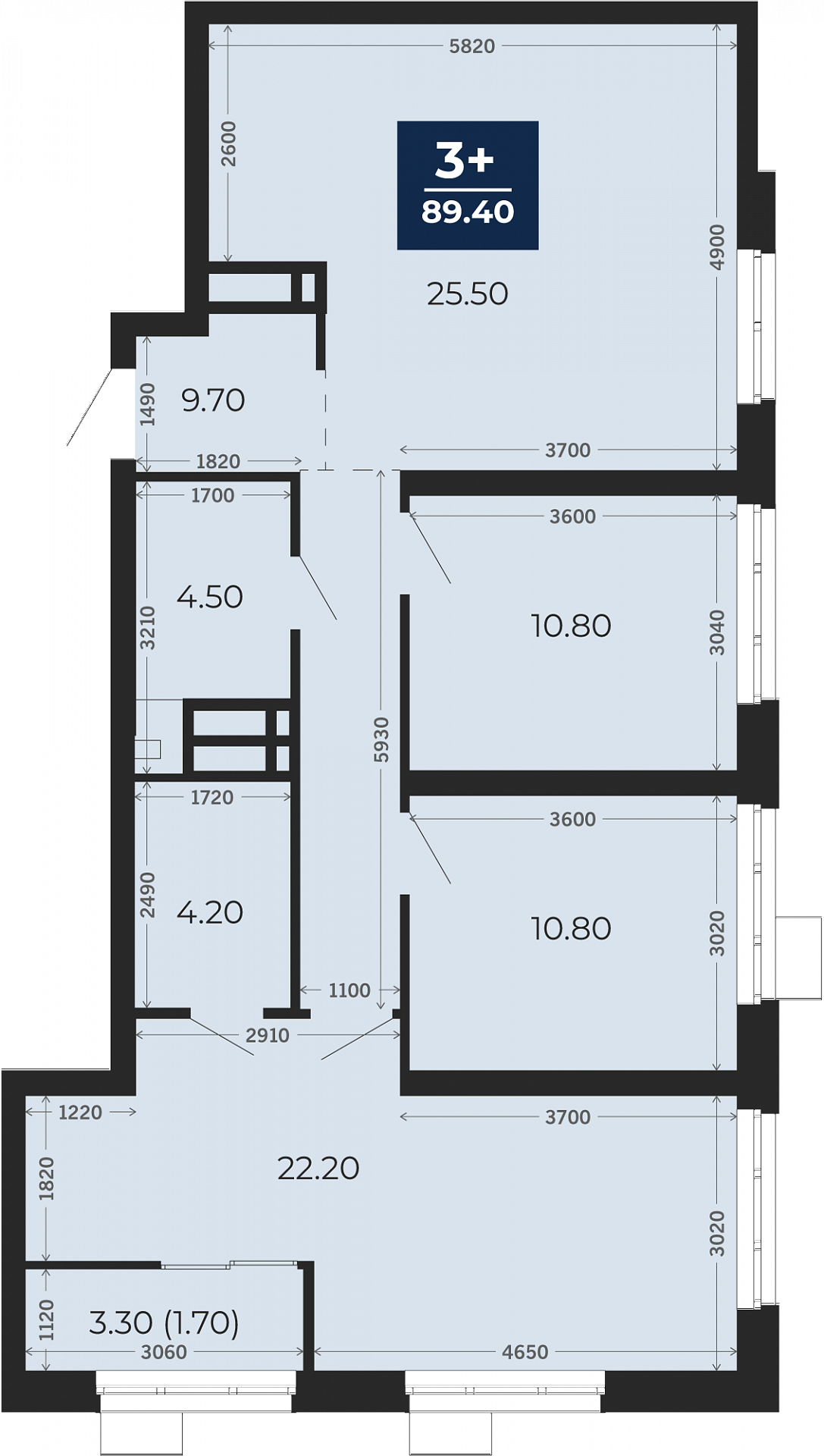 Квартира № 103, 3-комнатная, 89.4 кв. м, 3 этаж
