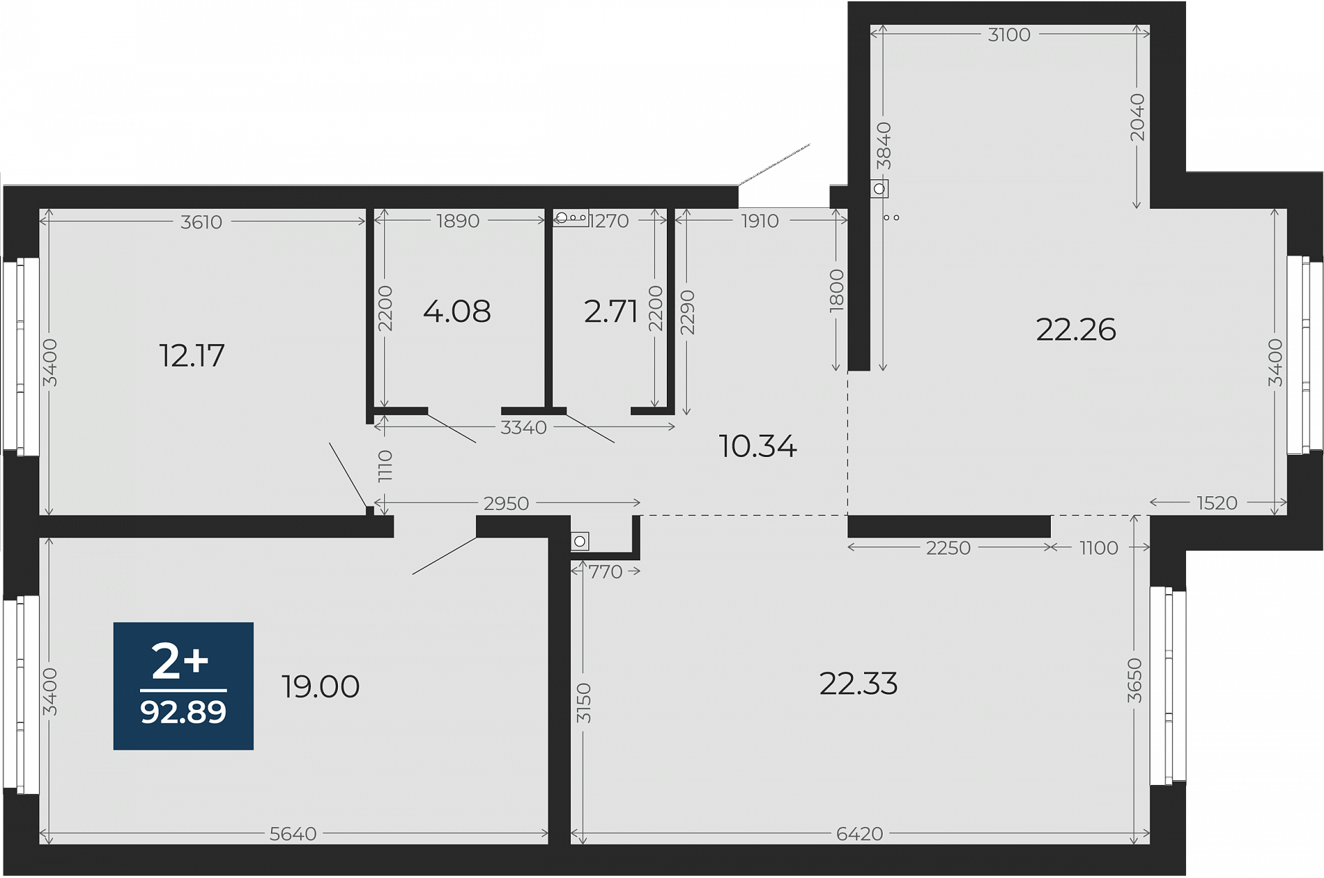 Квартира № 45, 2-комнатная, 92.89 кв. м, 1 этаж