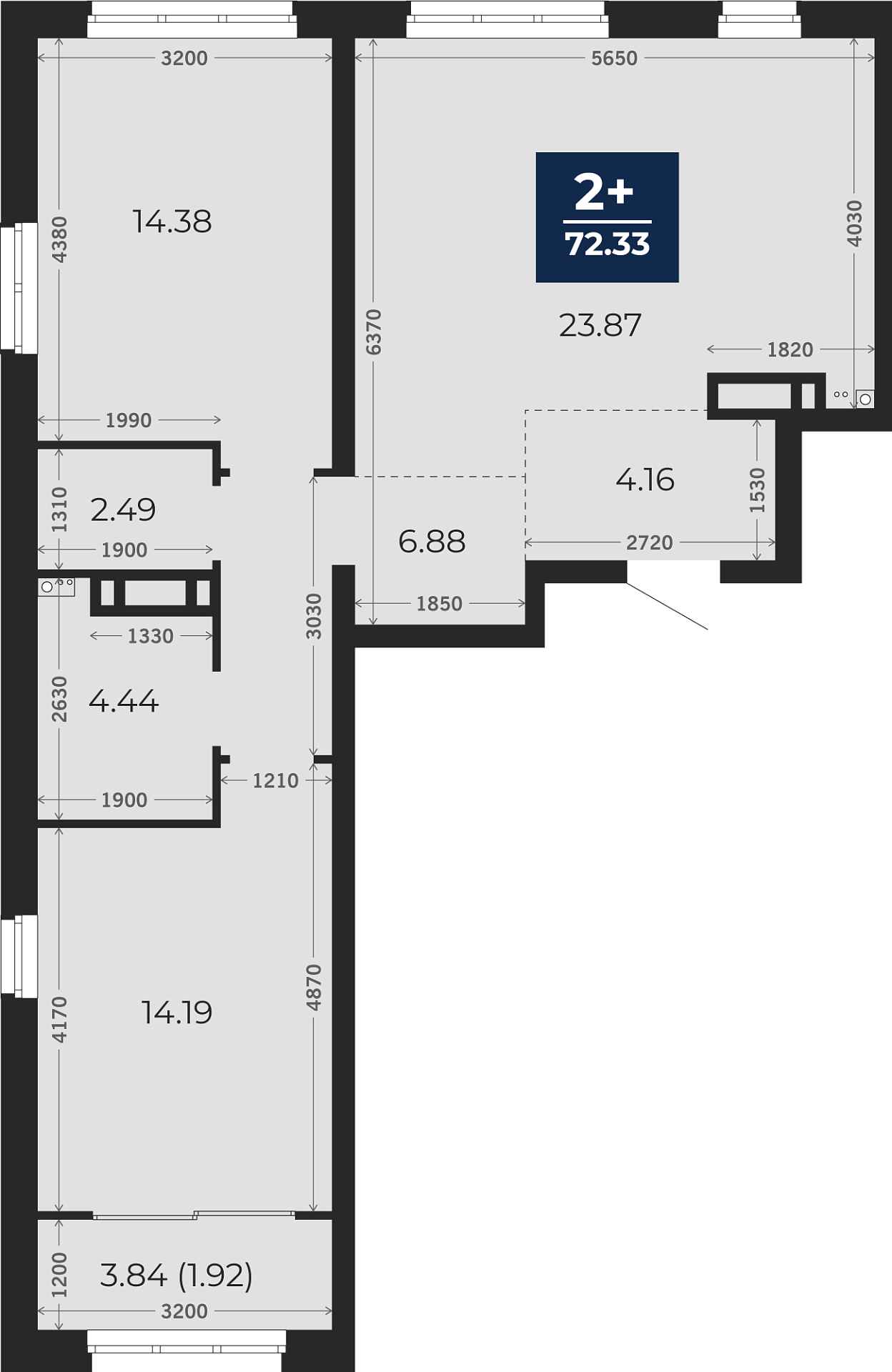 Квартира № 496, 2-комнатная, 72.33 кв. м, 12 этаж