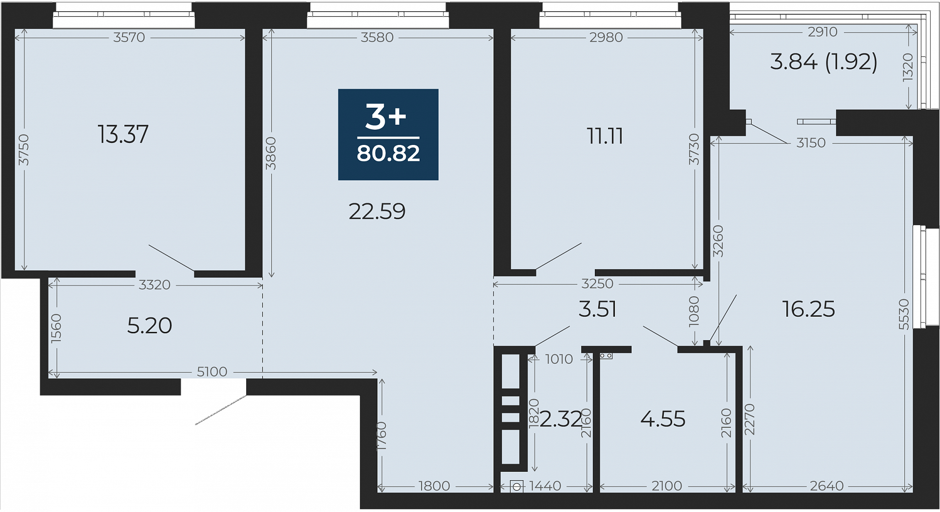 Квартира № 355, 3-комнатная, 80.82 кв. м, 3 этаж