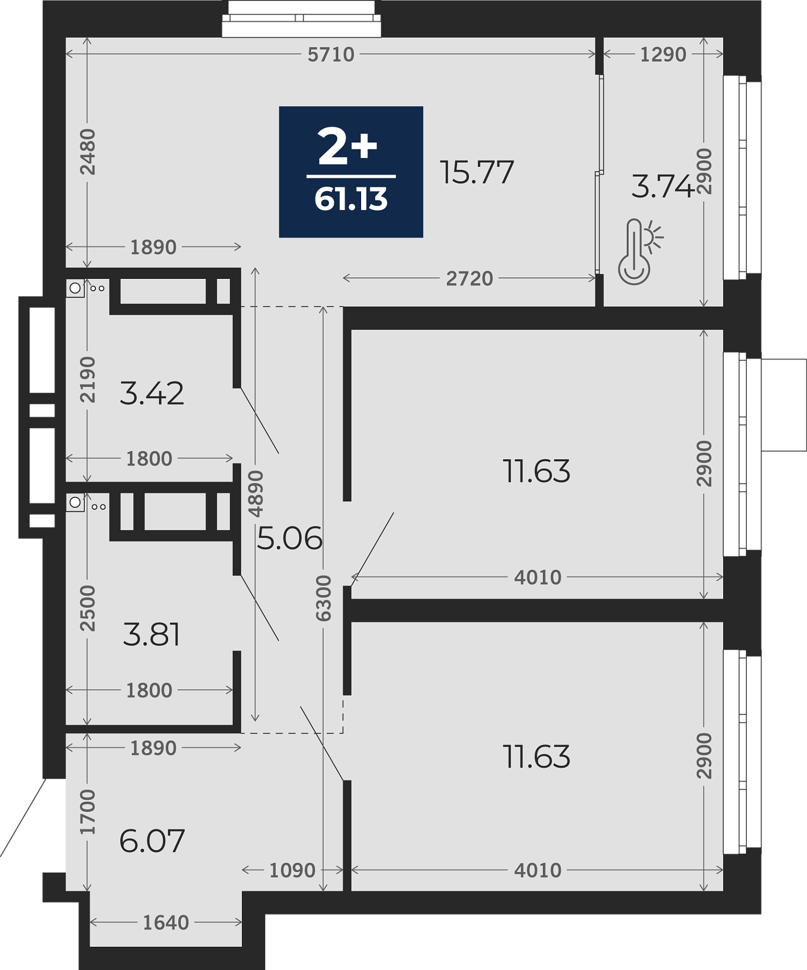 Квартира № 95, 2-комнатная, 59.26 кв. м, 2 этаж